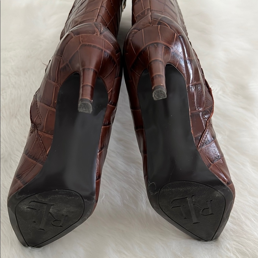 Lauren Ralph Lauren Elegant Brown Crocodile-Embossed Knee-High Boots - Picture 6 of 11